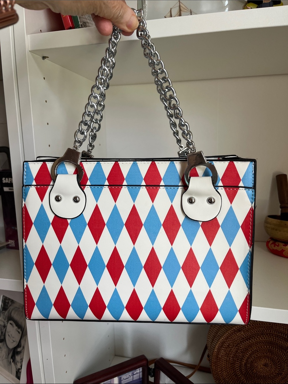 White, Blue & Red Diamond purse with handcuff chains 🤪 and a crossbody strap